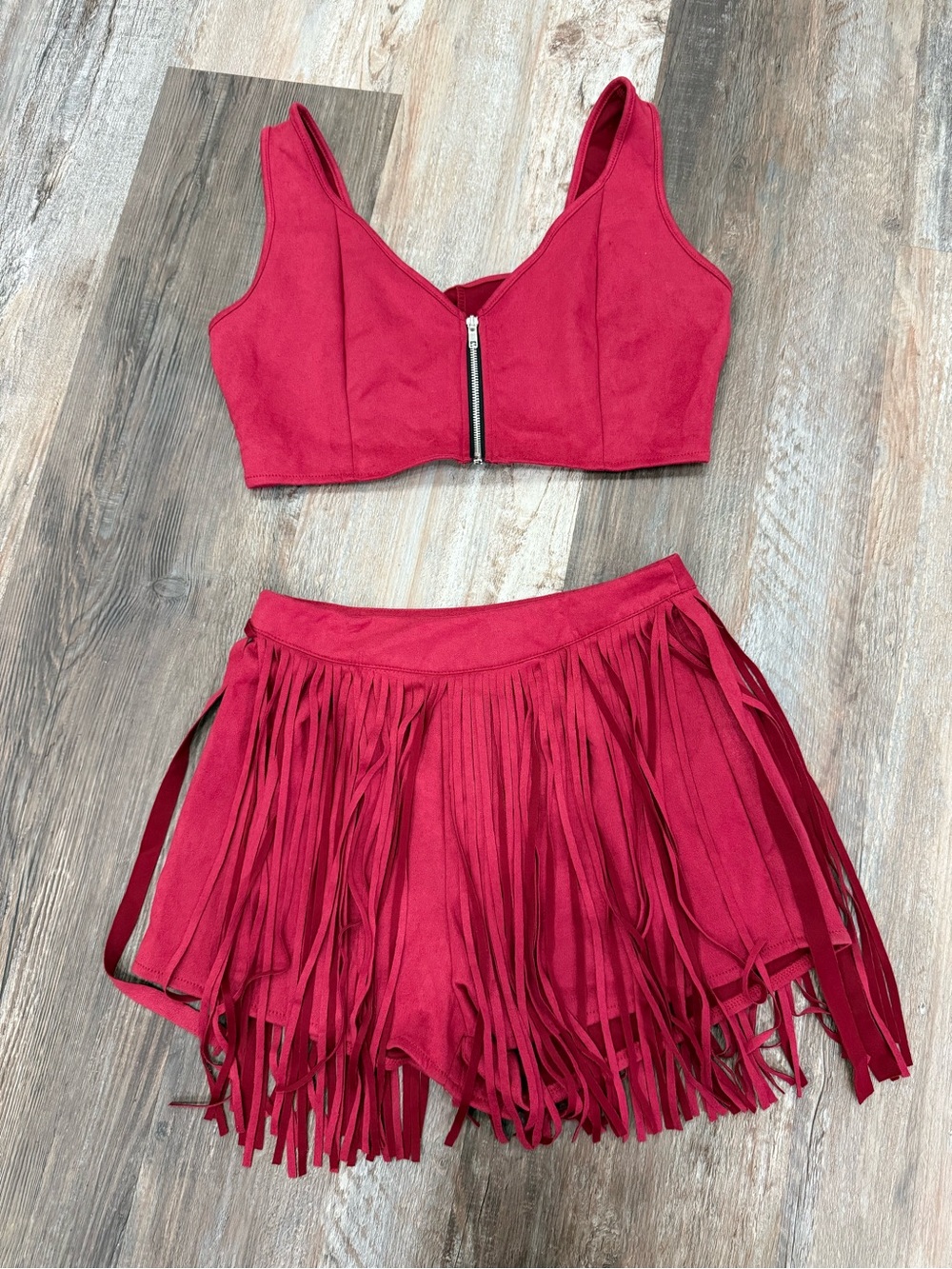 Red Suede Fringe Two-Piece Set — Crop Top & Fringe Skirt